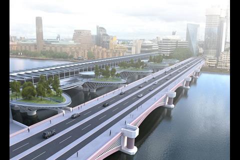 Photomontage view of CWADS’s proposed Blackfriars Garden Islands Bridge from the North Bank from the top floor of Unilever House